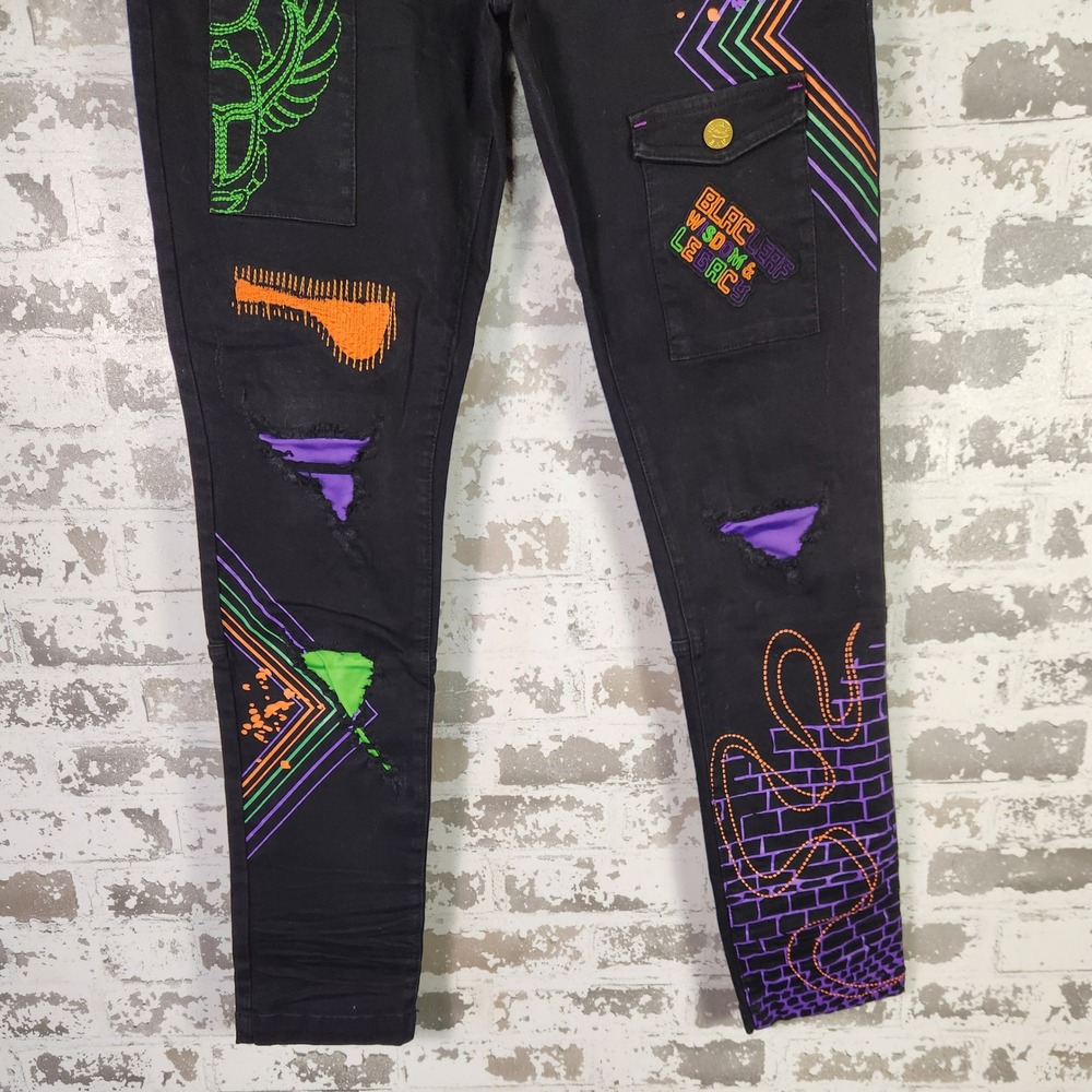 Blac‎ Leaf Wisdom and Legacy Mens Black Denim Jeans 32x32 Patches Streetwear Y2K - Picture 3 of 16